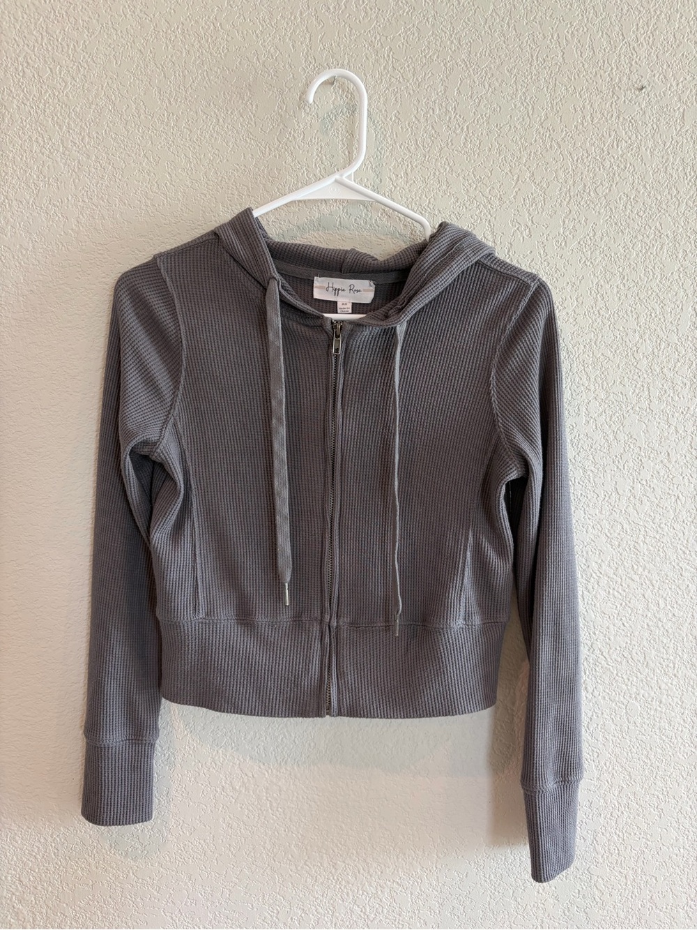 Zippered Gray Hooded Waffle-Knit Jacket